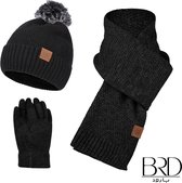 BRD® Winter | set voor volwassenen zwart - gevoerde muts met pompon, sjaal en handschoenen