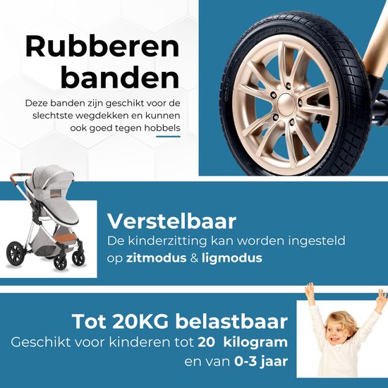 Lunola Nova - Kinderwagen 3-in-1 - incl. autostoel - 0-20kg - XXL - Multifunctionele Buggy 3in1 - Lichtgrijs van Lunola Nova — afbeelding 4