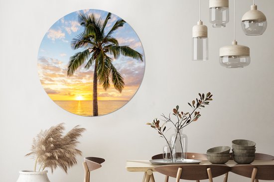 Cercle mural - Cercle mural - Plage - Palmier - Coucher de soleil - Aluminium - Dibond - ⌀ 120 cm - Intérieur et Extérieur XXL