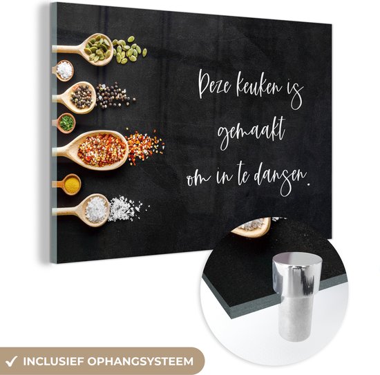 MuchoWow® Glasschilderij 90x60 cm - Schilderij acrylglas - Quotes - Spreuken - Keuken - Deze keuken is gemaakt om in te dansen - Kruiden - Foto op glas - Schilderijen