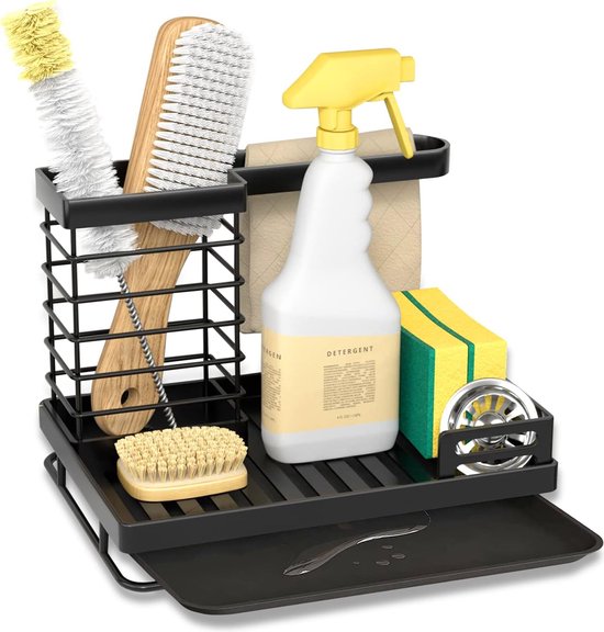LAKSOL Keukenspoelbak, sponshouder, keukenspoelbak, organizer voor gootsteen, keuken, met afneembare lekbak, voor keuken, badkamer (zwart