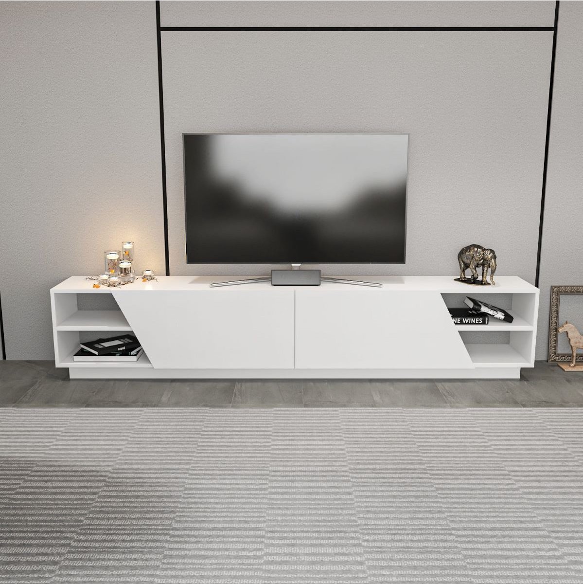 Asir - TV-standaard - Wit - 100% met melamine gecoat spaanplaat - 45,5 x 175,5 x 17 cm