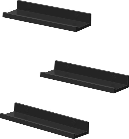 WOLTU Wandrek, hoogglans, zwart, set van 4, zwevende planken, 25 x 22,9 x 3,8 cm, vrij zwevend, galerijdisplay, wanddecoratie voor woonkamer, slaapkamer, keuken, MDF, verborgen ophanging