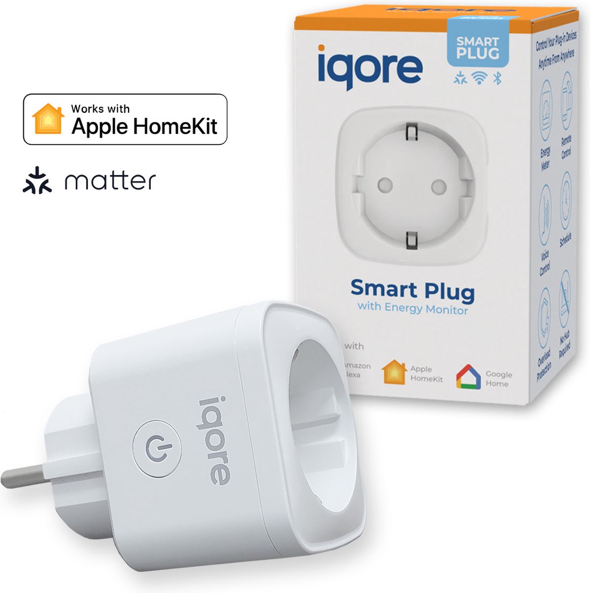 iqore - Slimme stekker WiFi - APPLE HOMEKIT - met ondersteuning voor MATTER - 16A 3680W Smart plug met Stroomverbruikmeter, Energiemeter en Timer - Compatibel met Apple Homekit / Siri, Google Home - Smart Life app