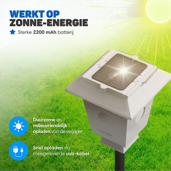 Wit ultrasoon apparaat "Vulpes Goods" met zonnepaneel op de bovenkant, opgeladen door zon of USB-kabel.