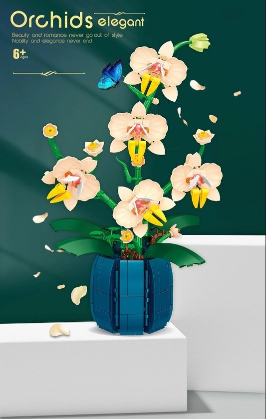 eVatmaster - Orchids elegant blauwe pot - bouwsteen – orchidee – huisdecoratie - kamerdecoratie – cadeau – geschenk – kunstof bloemen – puzzel – bouwpakket – hobby - kunst potplant