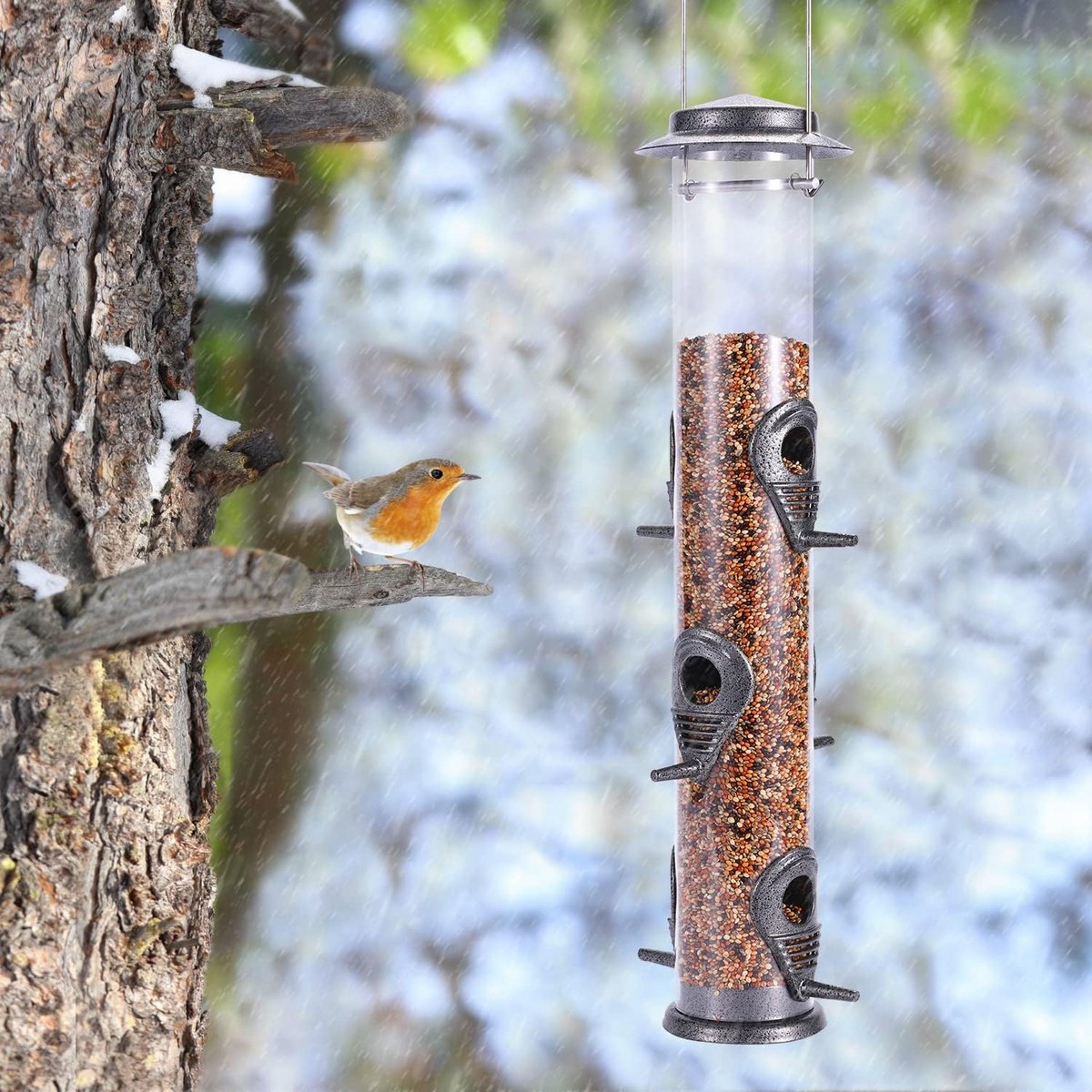 Lot De 2 Mangeoires à Oiseaux Extérieur – Tube Suspendu 4 Ports, Anti-Écureuils, Facile à Remplir & Nettoyer – Jardin Oiseaux