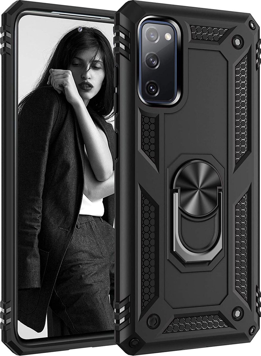 Anti-Shock Hybrid Ring Armor Hoesje Geschikt voor: Samsung Galaxy S20 - zwart