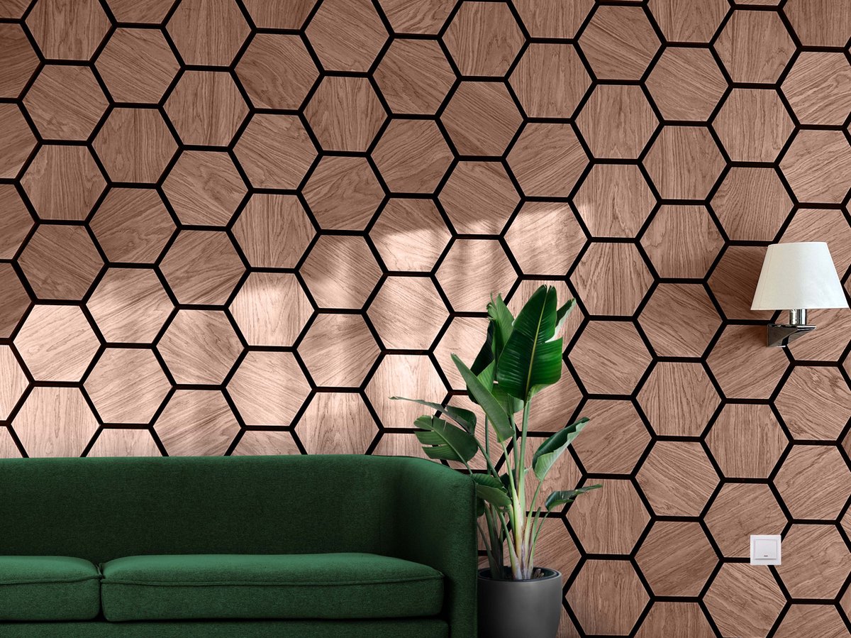 WallingtonNL Hexagon akoestisch houten wandbekleding Noten / Walnut
