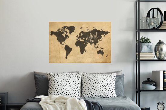 Sticker Muursticker Cartes du monde du monde Vintage avec citation Just go - 90x60 cm - film adhésif autocollant - sticker mural repositionnable