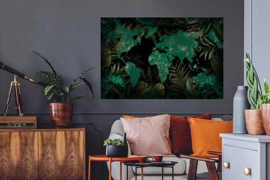 Muursticker Cartes du monde bleu-vert encadrée de feuillage tropical et de fleurs bleu-vert - 120x80 cm - feuille adhésive adhésive - stickers muraux repositionnables