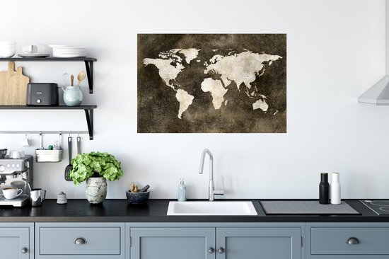 Sticker Muursticker Cartes du monde du Wereldkaart avec motif texturé dans les tons marron - 90x60 cm - Film adhésif autocollant - Sticker mural repositionnable