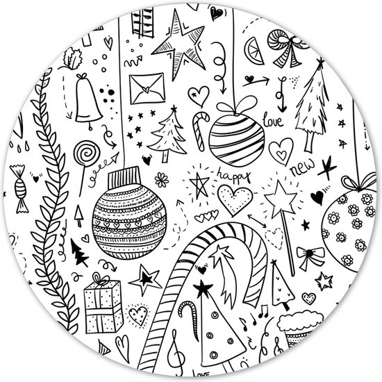 Label2X - Muurcirkel - Kerst Doodle - Ø 20 cm / Dibond - Aanbevolen - Multicolour - Wandcirkel - Rond Schilderij - Kerst - Kerstversiering - Kerst Decoratie - Muurdecoratie Cirkel - Wandecoratie rond - Decoratie voor woonkamer of slaapkamer