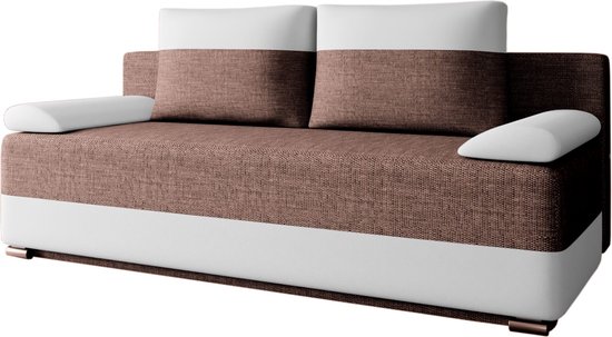 Slaapbank ATLANTA – 3-zits – Uitklapbaar tot tweepersoonsbed – Sofa Set - Met Opbergruimte en Binnenvering – Geweven stof en kunstleer – Briun + Wit