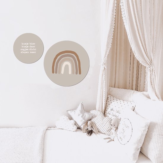 Label2X - Muurcirkel kids kusje hier beige - 30 cm - Forex - Multicolor - Wandcirkel - Rond Schilderij - Muurdecoratie Cirkel - Wandecoratie rond - Decoratie voor woonkamer of slaapkamer