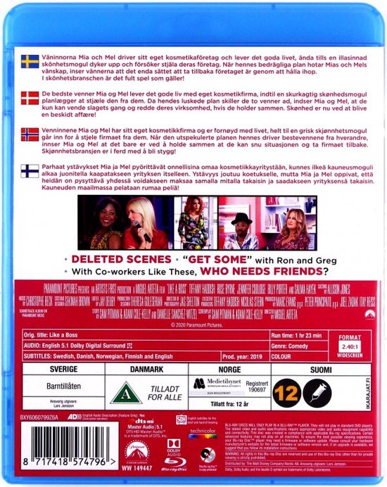 Achterkant Blu-ray van de film 'Like a Boss' met castfoto's en filminformatie.
