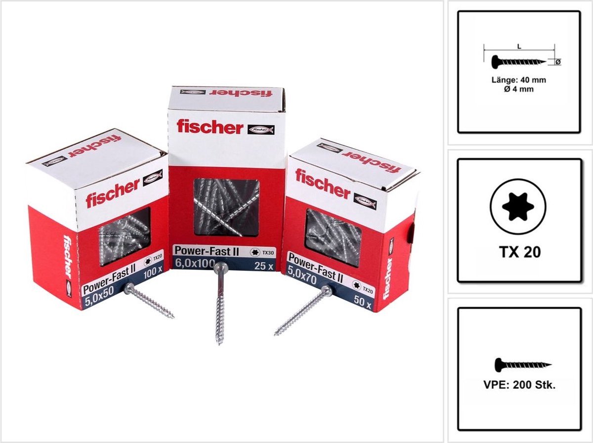Fischer 670239 spaanplaatschroef Power-Fast II 4,0 x 40 TX20 - bolkop - voldraad - blauw verzinkt (200st)
