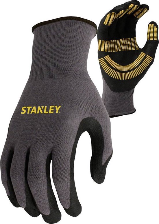 Grijze Stanley werkhandschoenen met zwarte vingertoppen en handpalm. Met gele "STANLEY" logo.