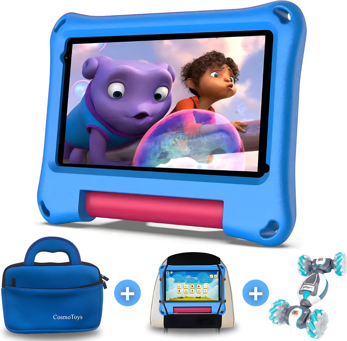 CosmoToys® Kids Tablet - Incl. Bestuurbare Auto + Luxe Opbergtas + Tablethouder Auto - Kindertablet - Tablet Kinderen - Vanaf 3 Jaar - 7 Inch - Android 11 - Ouderlijk Toezicht - 3000 mAh - Blauw