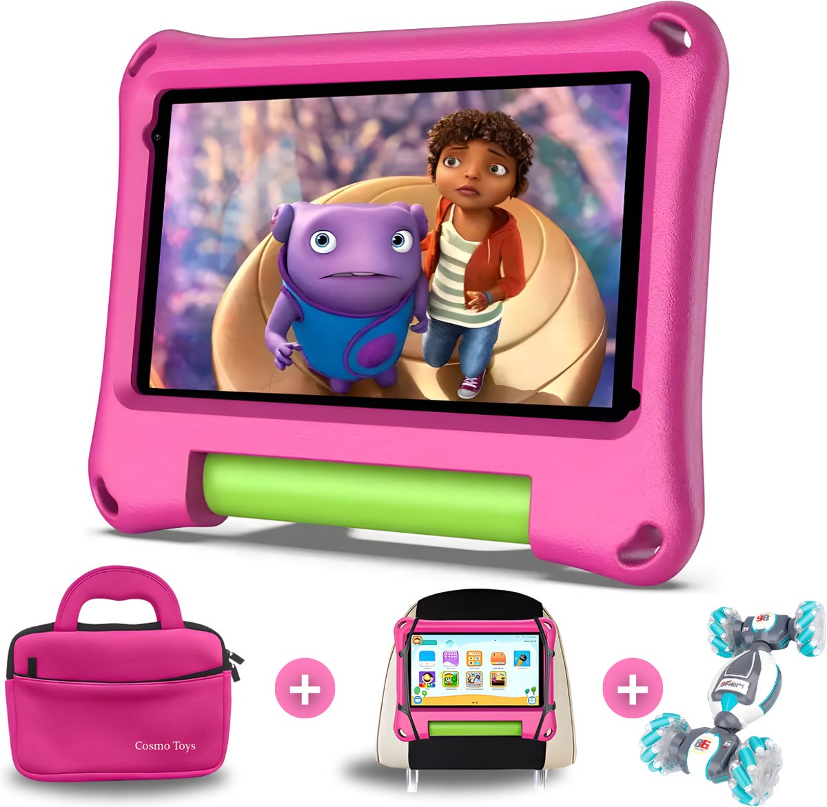 CosmoToys® Kids Tablet - Incl. Bestuurbare Auto + Luxe Opbergtas + Tablethouder Auto - Kindertablet - Tablet Kinderen - Vanaf 3 Jaar - 7 Inch - Android 11 - Ouderlijk Toezicht - 3000 mAh - Roze