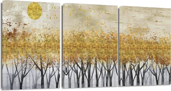 3-delig herfst canvasafbeelding met gele bladeren bos motief kunstdruk - moderne wandafbeelding voor badkamer woonkamer wanddecoratie - 30 x 40 cm