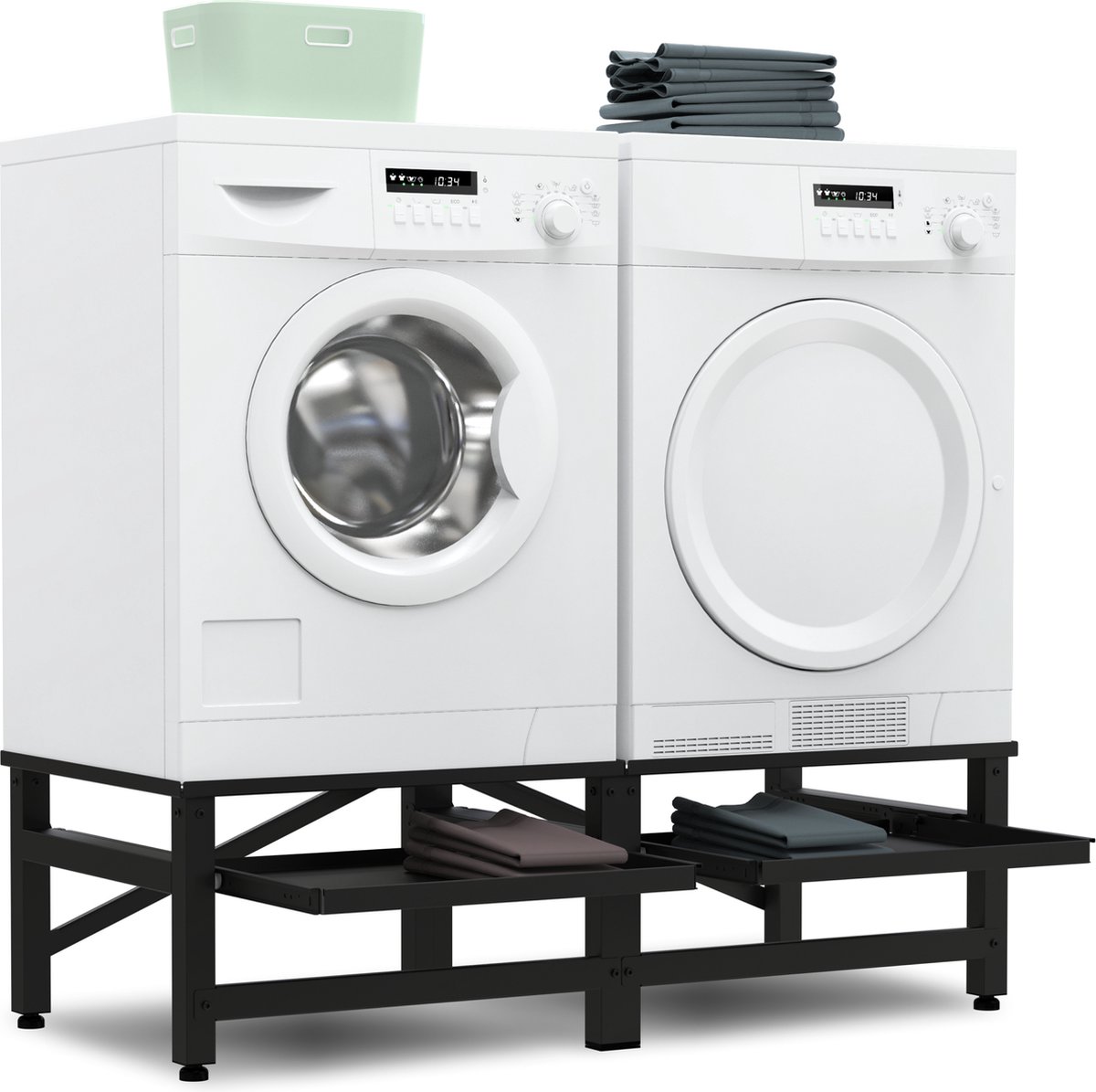 Bodo® - Wasmachine Verhoger - Dubbel - Kast - Ombouw uitschuifbare Plank - Zwart - 124x54x37cm