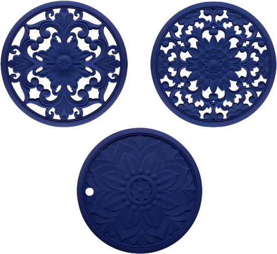 BOTC Pannenonderzetter - Set van 3 stuks - 16cm - Onderzetters voor Pannen / Glazen - Siliconen Mat - Hittebestendig - Blauw