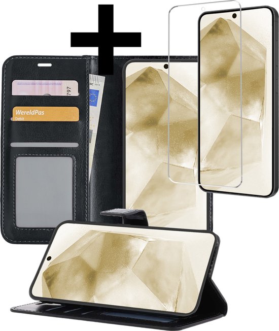 Hoesje Geschikt voor Samsung A55 Hoesje Book Case Hoes Wallet Cover Met Screenprotector - Hoes Geschikt voor Samsung Galaxy A55 Hoesje Bookcase Hoes - Zwart