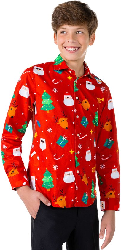 OppoSuits SHIRT LS Festivity Red Teen boys - Tiener Overhemd - Kerstshirt - Rood - Maat 12 Jaar