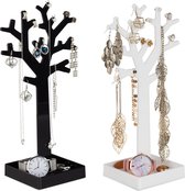 Relaxdays sieraden standaard - boom - juwelenboom - set van 2 - sieraden houder - bakje - zwart-wit