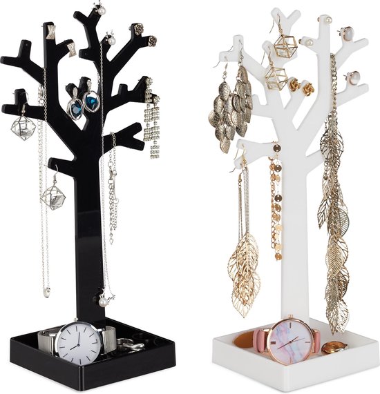 relaxdays jewelry standard - arbre - arbre à bijoux - lot de 2 - porte-bijoux - plateau noir et blanc