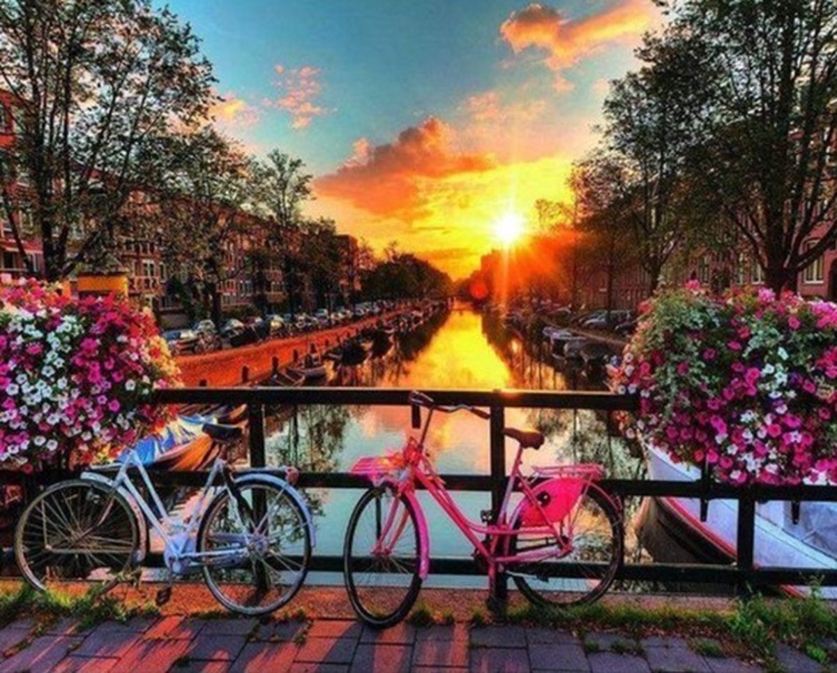 Denza - Diamond painting Amsterdamse grachten 40 x 50 cm volledige bedrukking ronde steentjes direct leverbaar - amsterdam - fiets - gracht