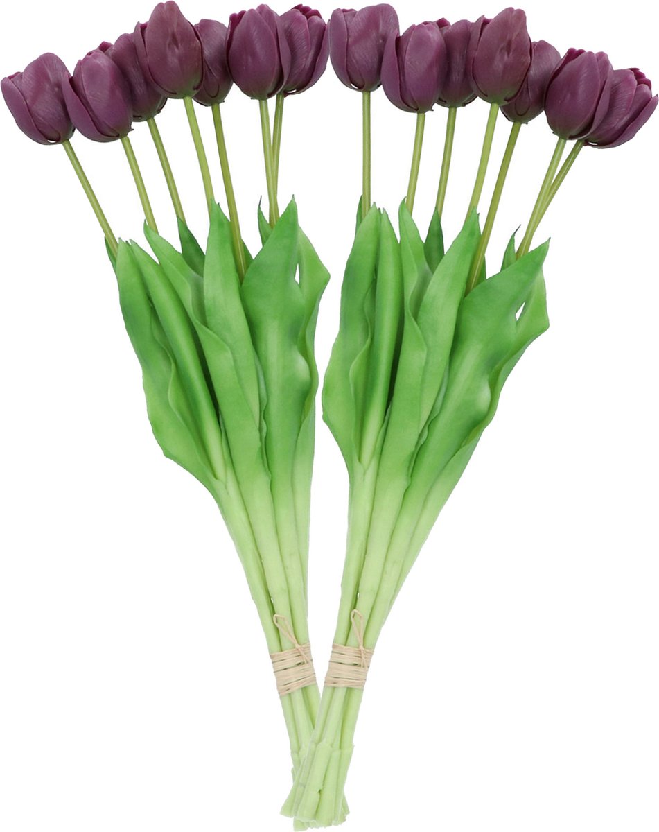 DK design Kunst tulpen boeket - 14x stuks - donker paars - real touch - 43 cm - levensechte kunstbloemen
