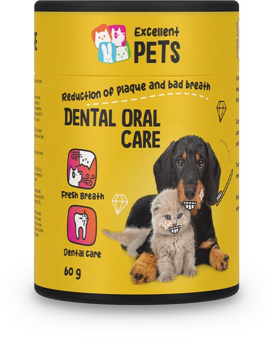 Excellent Pets Dental Oral Care poeder, 60g, met afbeelding van een hond en kat.