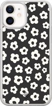Casimoda® hoesje - Geschikt voor iPhone 12 Mini - Retro Bloempjes - 2-in-1 case - Schokbestendig - Bloemen - Verhoogde randen - Zwart, Transparant