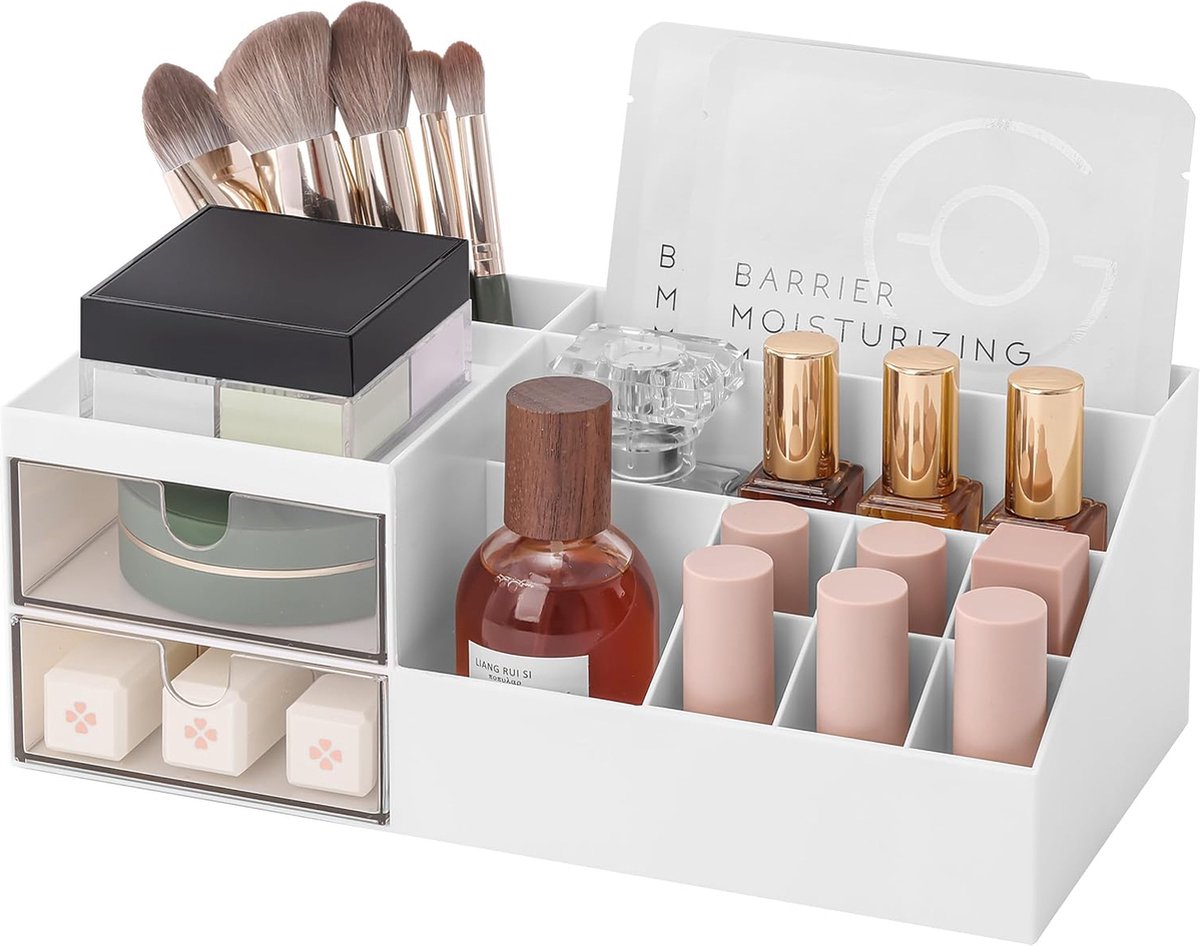 Make-up organizer make-up opbergorganizer make-uptafel cosmetica-organizer met laden cosmetica organizers make-up voor beauty-kwasten skincare lippenstift parfum (wit)