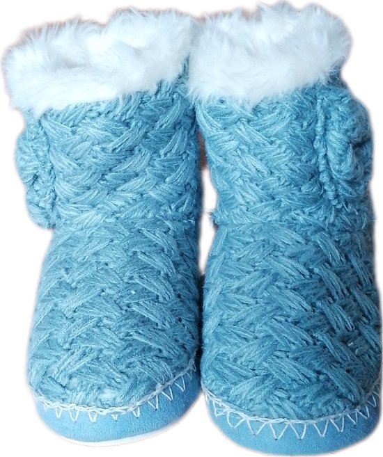 Dames - Sloffen - Dames - Boots - Gebreid - Kleur Blauw - Maat 37-38 - Merk Apollo - Kerst - Cadeau - Moederdag