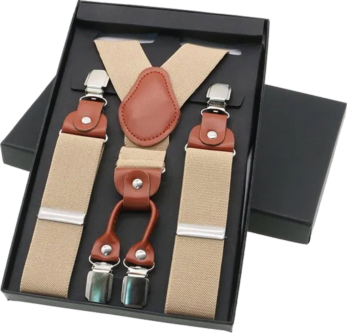 Sorprese - Luxe chique bretels - Crème - midden bruin leer - 4 stevige clips - bretels heren volwassenen
