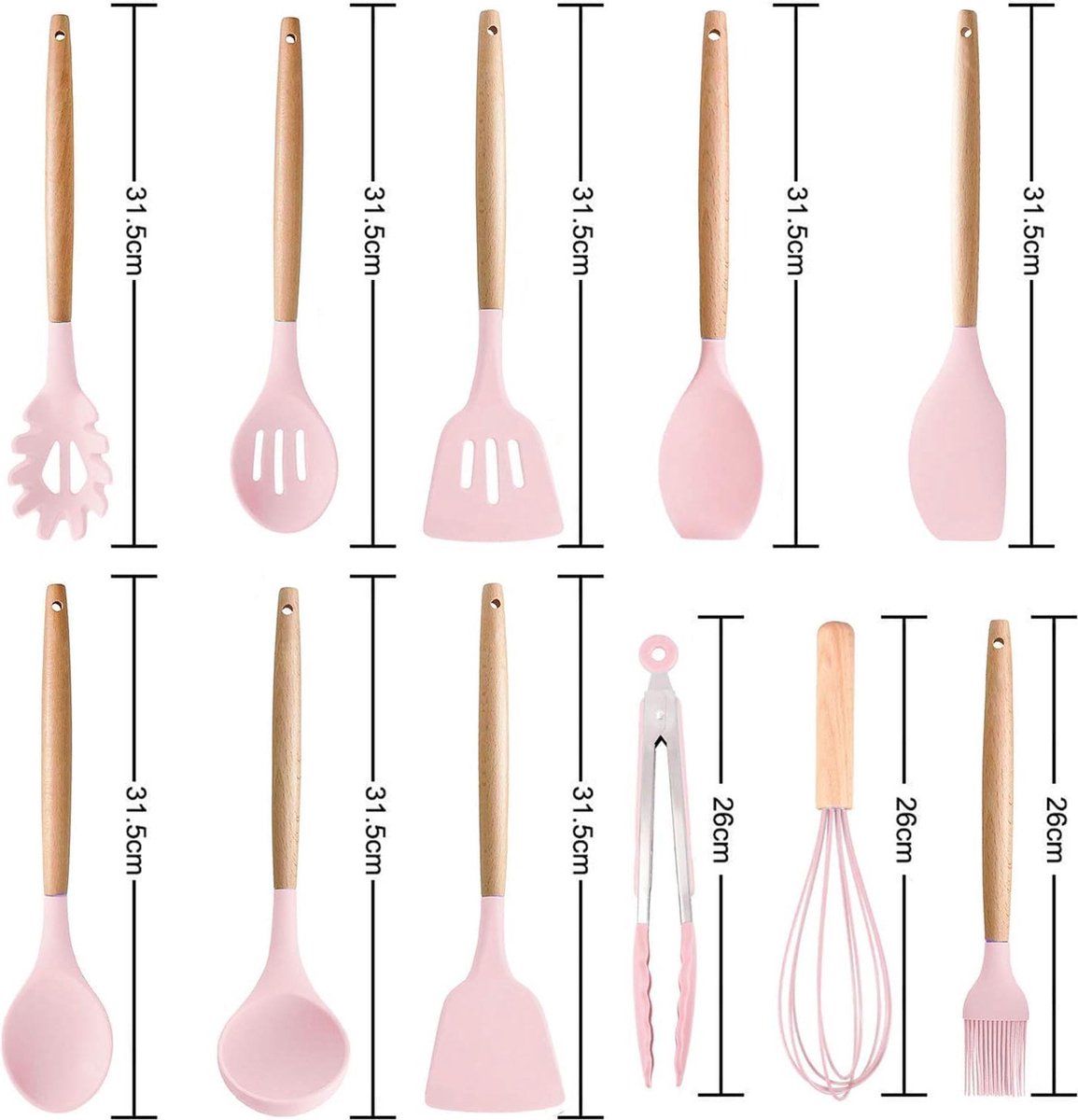 11 stuks keukengerei van siliconen, BPA-vrij, niet giftig, hittebestendig, met houten handgrepen