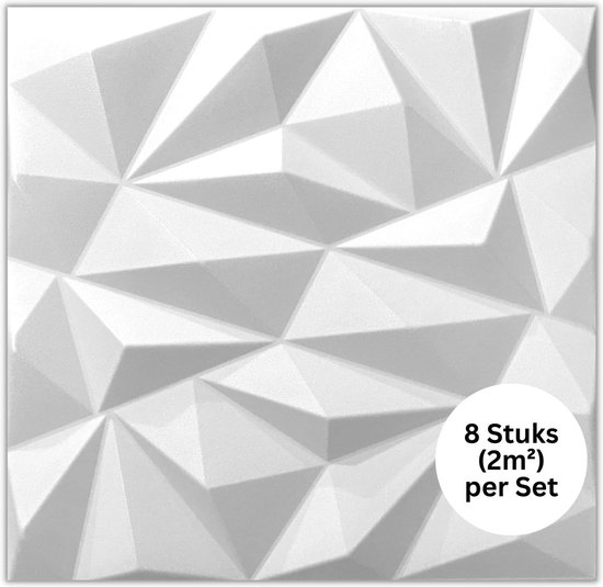 Eurodeco 3D Wandpanelen - Set van 8 Stuks, Kleur Wit, Design Zirkon - Decoratieve Wandpanelen van Polystyreen, 3 mm Dik - plafondpanelen wanddecoratie wand tattoo