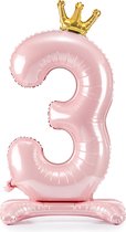 Partydeco - Staande folieballon Cijfer 3 Licht roze met kroon 84 cm