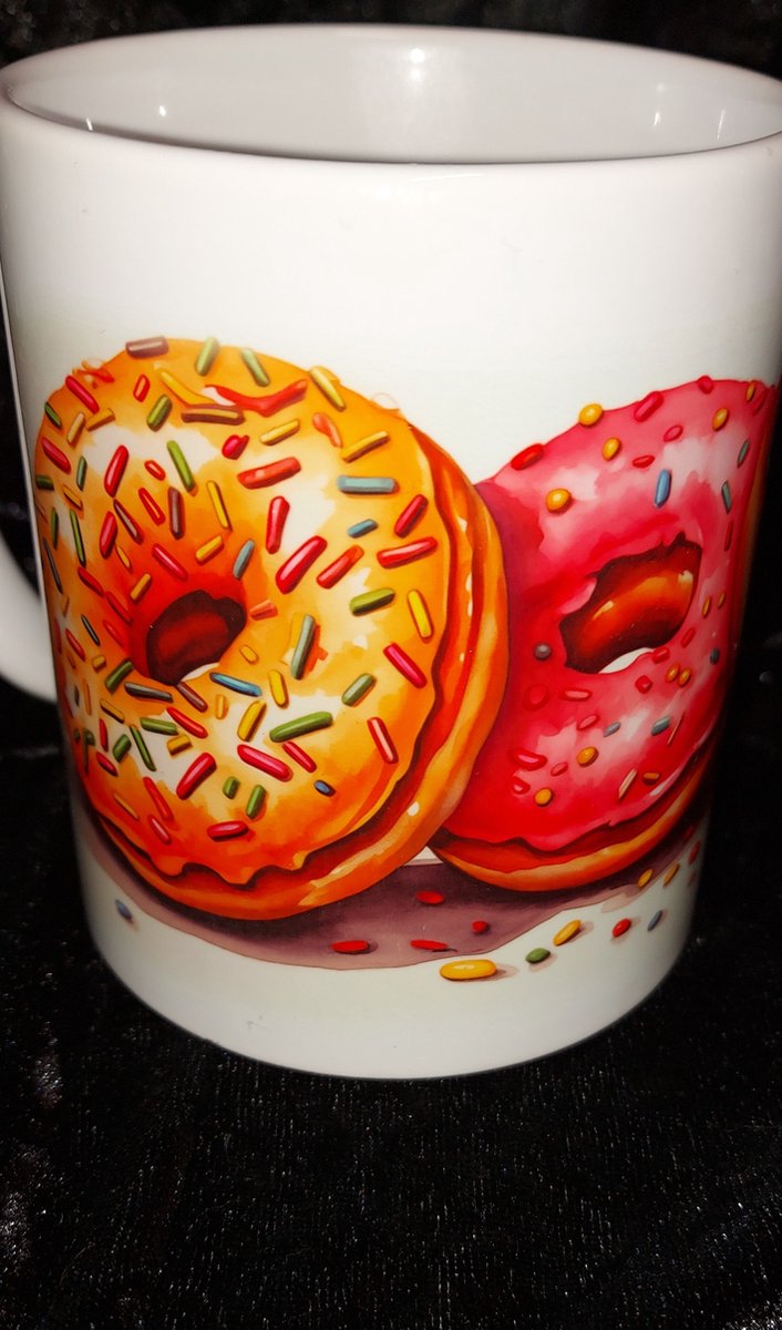 Bedukte beker met donuts, Donut, Mok met donut, Beker met afbeelding, Koffie beker, Mok,