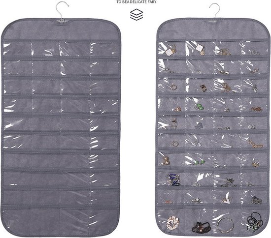 Lexorion Elite - Kleding Organizer - Hangende Kleding & Sieraden Organizer - Set van 2 - 80 Vakjes met Tweezijdig Opslagsysteem - Inclusief Juwelendoos en Opbergtas – Ideaal voor Oorbellen - Kettingen & Armbanden – Duurzaam - Ruimtebesparend – Grijs