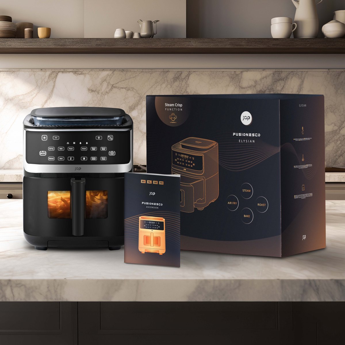 Afbeelding 2 van JAP Appliances Elysian - XXXL Airfryer & Stoomoven vrijstaand (7 liter) - Grote heteluchtfriteuse met stoomfunctie XXL - 10 kookprogramma's - Opwarmfunctie - 1, 2 tot 6 personen - Kijkvenster met licht - Digitaal kookboek