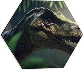 Dibond Hexagon - Dinosaurus - Bos - Groen - 30x26.1 cm Foto op Hexagon (Met Ophangsysteem)