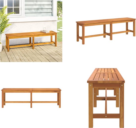 Houten tuinbank met twee zitgedeelten, staand op een houten terras.
