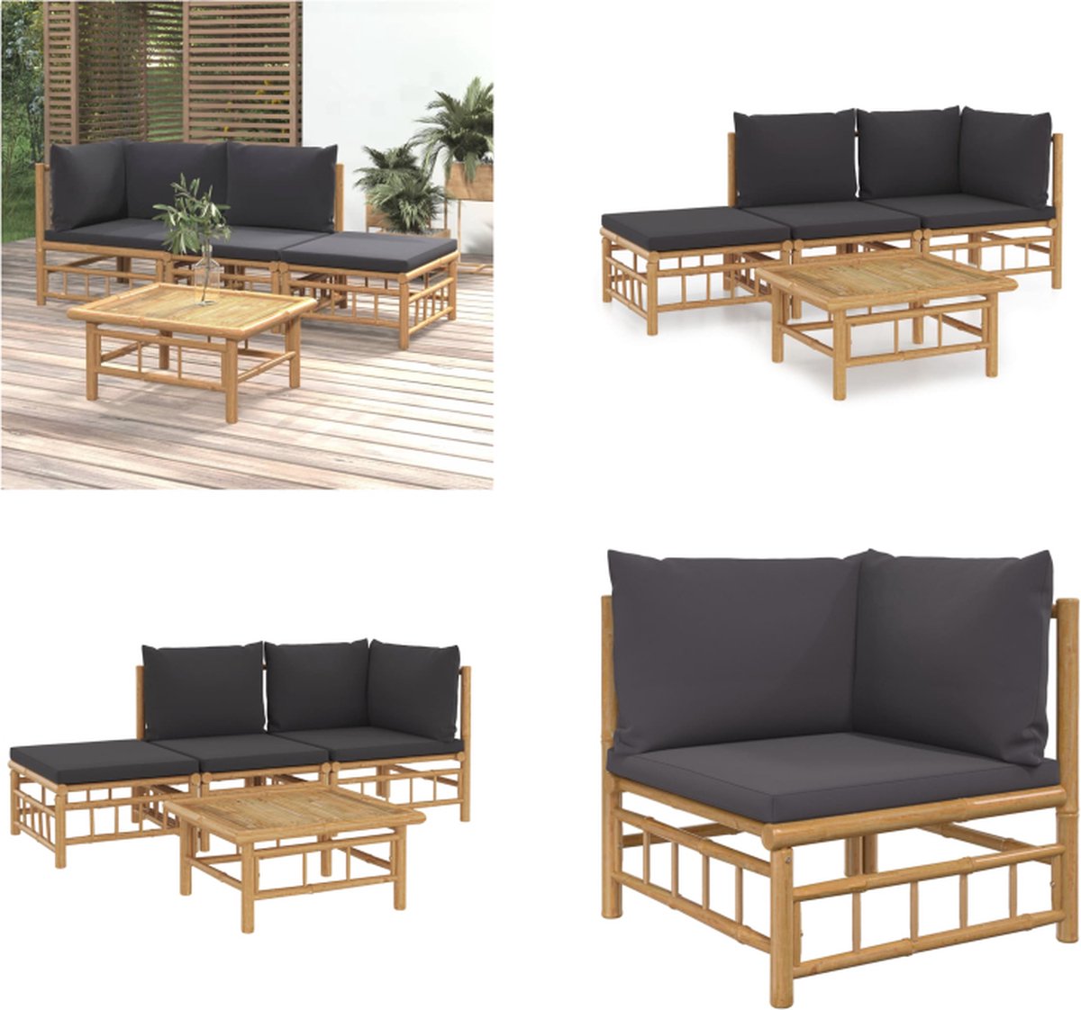 vidaXL 4-delige - Loungeset - met - kussens - bamboe - donkergrijs