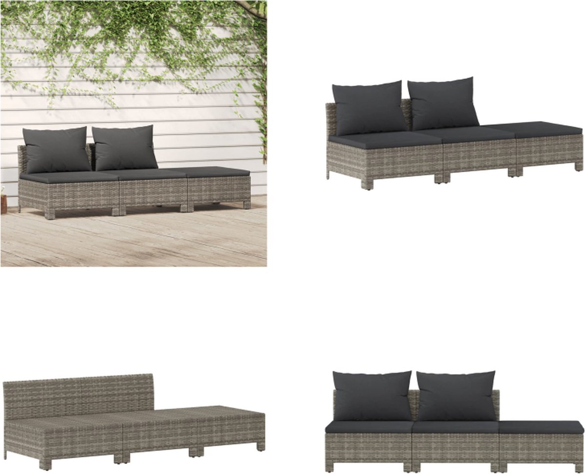 VidaXL 3-delige Loungeset met kussens poly rattan grijs Loungeset Loungesets Loungeset Tuin Loungebank Tuin