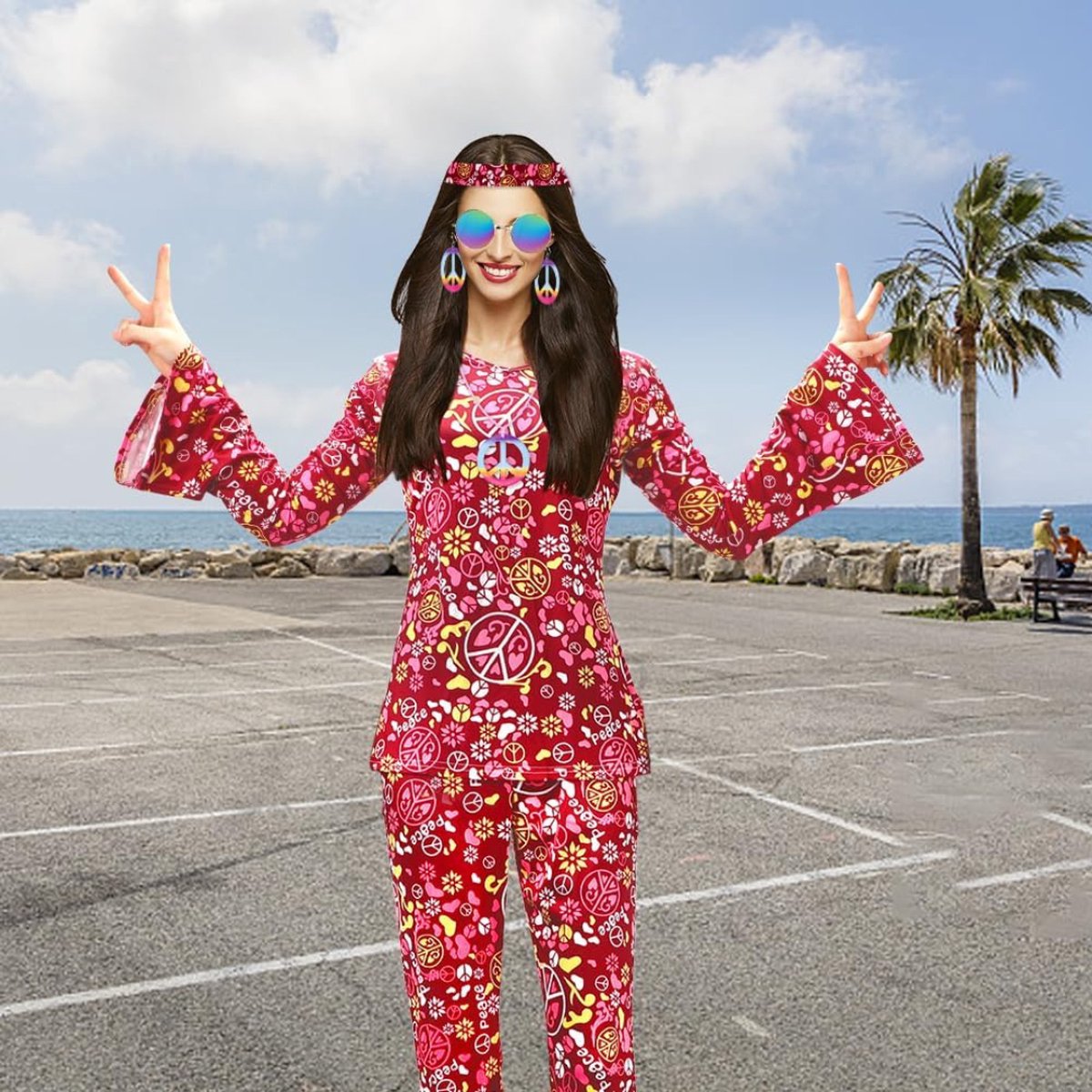 Costume Hippie Femme Années 60-70 HIQE-FL - Ensemble Complet Avec Accessoires - Style Rétro Carnaval
