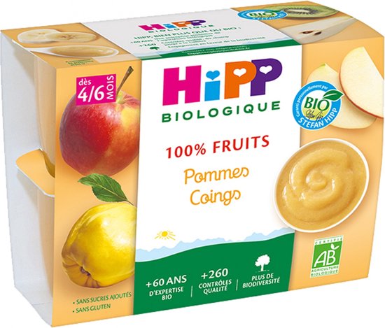 HiPP 100% Fruit Appels Kweeperen Vanaf 4/6 Maanden Biologisch 4 Potten